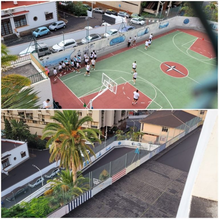 Nuestro colegio de La Palma antes y después de quedar cubierto por el negro manto de ceniza volcánica